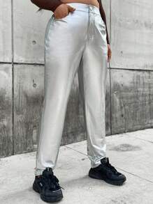 Flirla 鈕扣 口袋 拉鍊純色加大褲子 - 銀色 - 查看 3