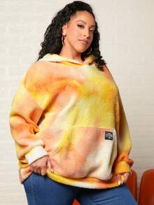 SHEIN CURVE+ Áo nỉ kiểu áo gấu bông cỡ lớn, nhuộm tie-dye, có túi kangaroo và vai rớt. - trái cam - Xem 5