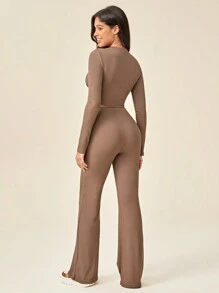 SHEIN Sports Twist Front Crop Tee & Flare Pants Sports Set - Brown - View 2
