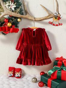 SHEIN 女嬰荷葉邊絲絨娃娃裙 - 玫紅色 - 查看 2