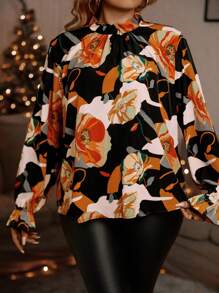 SHEIN LUNE Talla grande Blusa con estampado floral de manga con volante de cuello alto - Multicolor - Ver 4