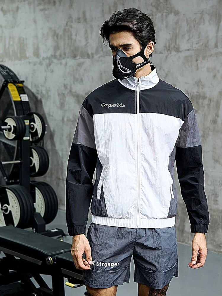 Boyfriend Style Men Colorblock Letter Embroidery Zip Up Sports Jacket Workout Tops Sports Jacket