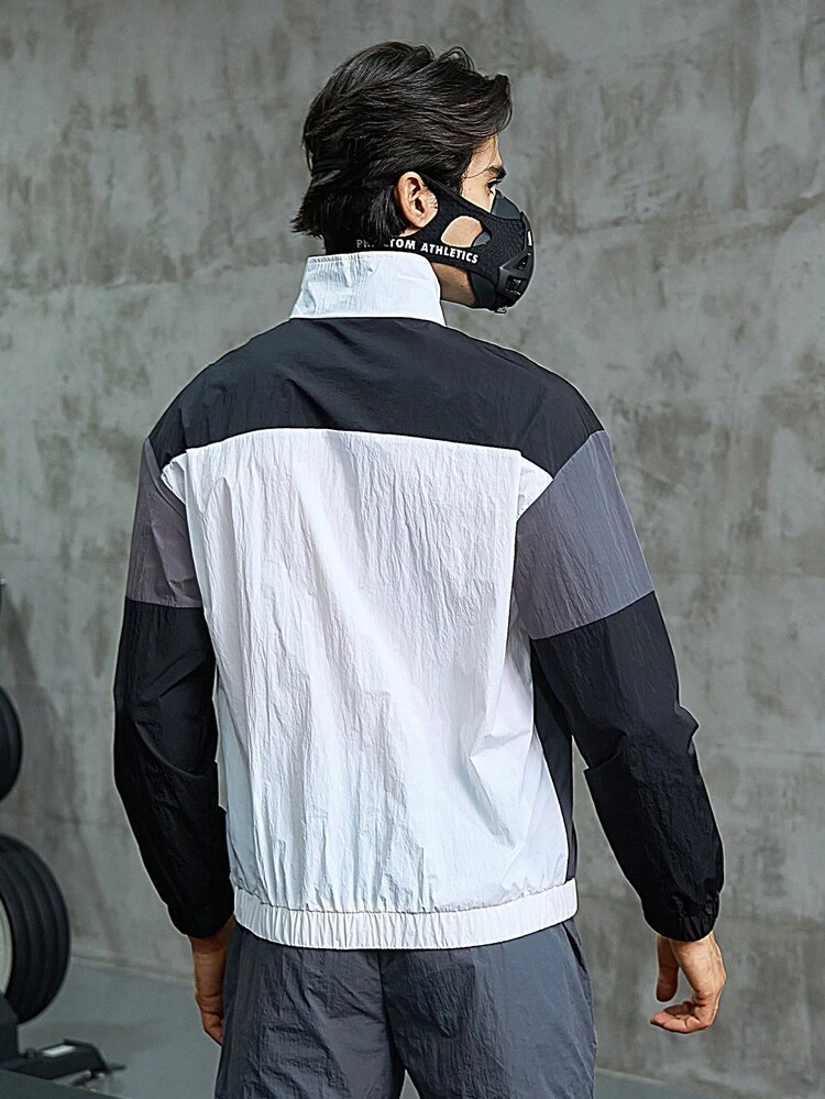 Boyfriend Style Men Colorblock Letter Embroidery Zip Up Sports Jacket Workout Tops Sports Jacket