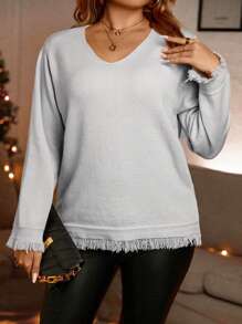 SHEIN LUNE Plus Solid Raw Trim Sweater Knit Pullover Fall Winter Outfit - Apricot - View 3