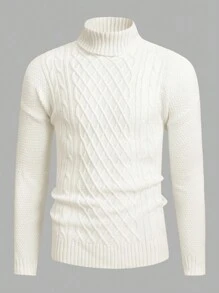 Manfinity VCAY Men Turtleneck Cable Knit Drop Shoulder Sweater, For Fall Winter - Beige - View 1