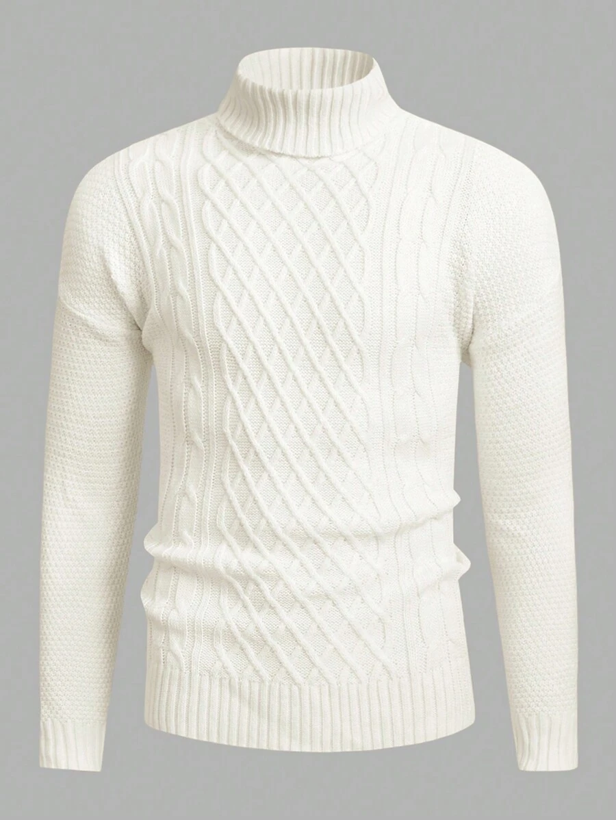Manfinity VCAY Men Turtleneck Cable Knit Drop Shoulder Sweater, For Fall Winter - Beige - View 1