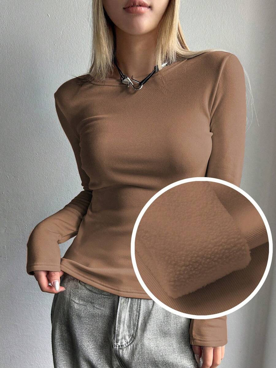 DAZY 纯色圆领保暖长袖女式上衣，带保暖内衬 - 卡其色 - 查看 1