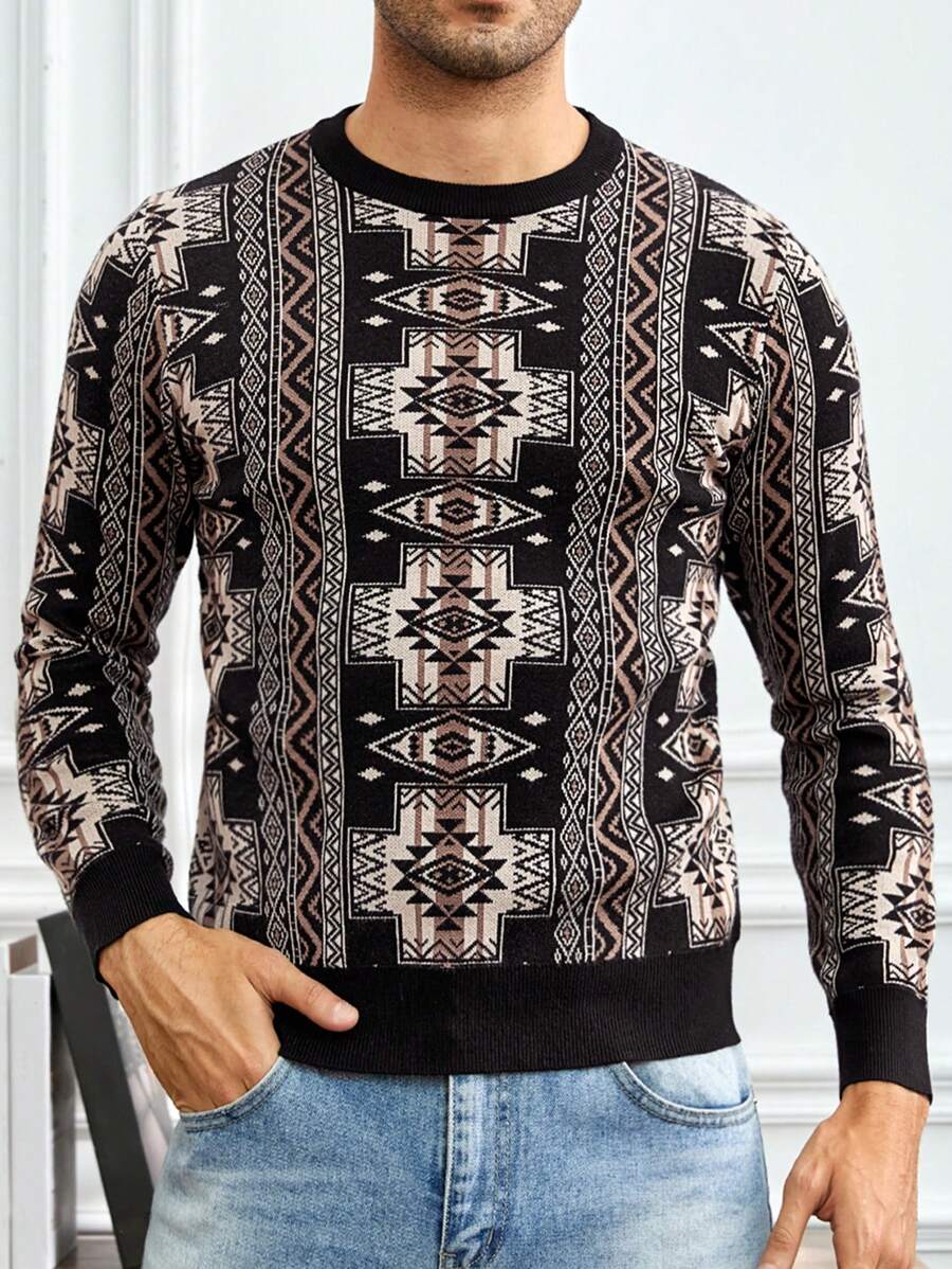Manfinity VCAY Men Geo Pattern Sweater, For Fall Winter - Multicolor - View 1
