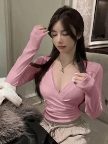 DAZY 素色交疊領蕾絲邊短款T恤 - 粉色 - 查看 2