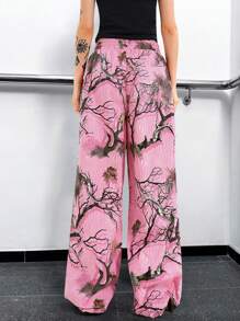 SHEIN Unity 樹圖案腰部抽繩闊腿褲 - 粉色 - 查看 2