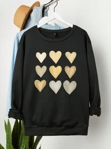 SHEIN LUNE Plus Heart Print Thermal Lined Sweatshirt - Black - View 1