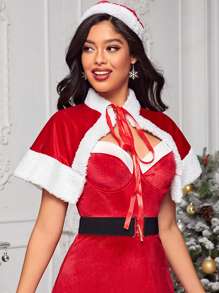 毛茸邊前打結耶誕節裝披肩不附胸罩 - 紅色 - 查看 3