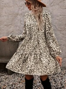 SHEIN LUNE Vestido smock con estampado de lunares bajo con fruncido