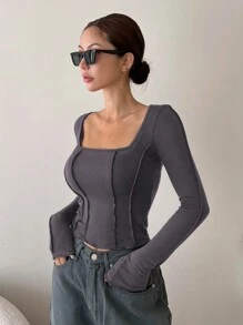 DAZY Khâu Thiết kế Cổ áo vuông Tay áo dài Áo - Xám - Xem 3