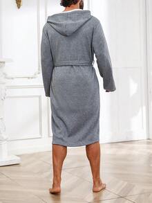 Men Dual Pocket Belted Hooded Thermal Lined Loungewear Robe - Dark Grey - View 2