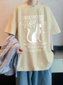 Manfinity Hypemode Hombres Camiseta de hombros caídos con estampado de slogan y dibujos animados - Caqui - Ver 1