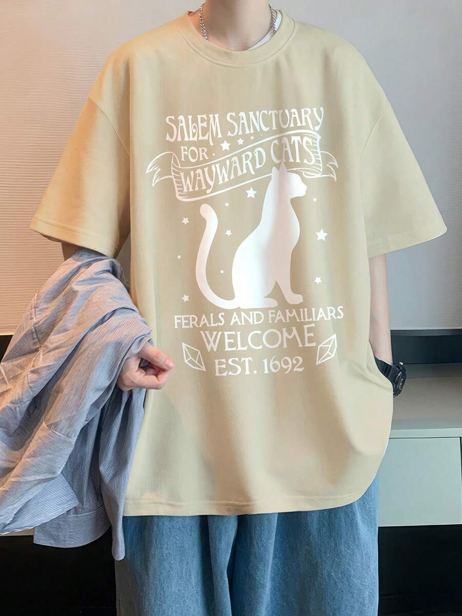 Manfinity Hypemode Hombres Camiseta de hombros caídos con estampado de slogan y dibujos animados - Caqui - Ver 1