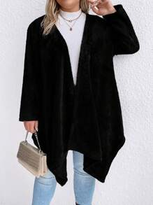 SHEIN LUNE 大碼不對稱下擺開門襟外套 - 黑色 - 查看 6