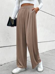 SHEIN LUNE High Waist Plicated Detail Wide Leg Pants - Khaki - View 1