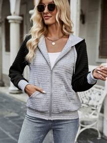 SHEIN Unity Colorblock Raglan Sleeve Zip Up Hooded Jacket - Light Grey - View 1