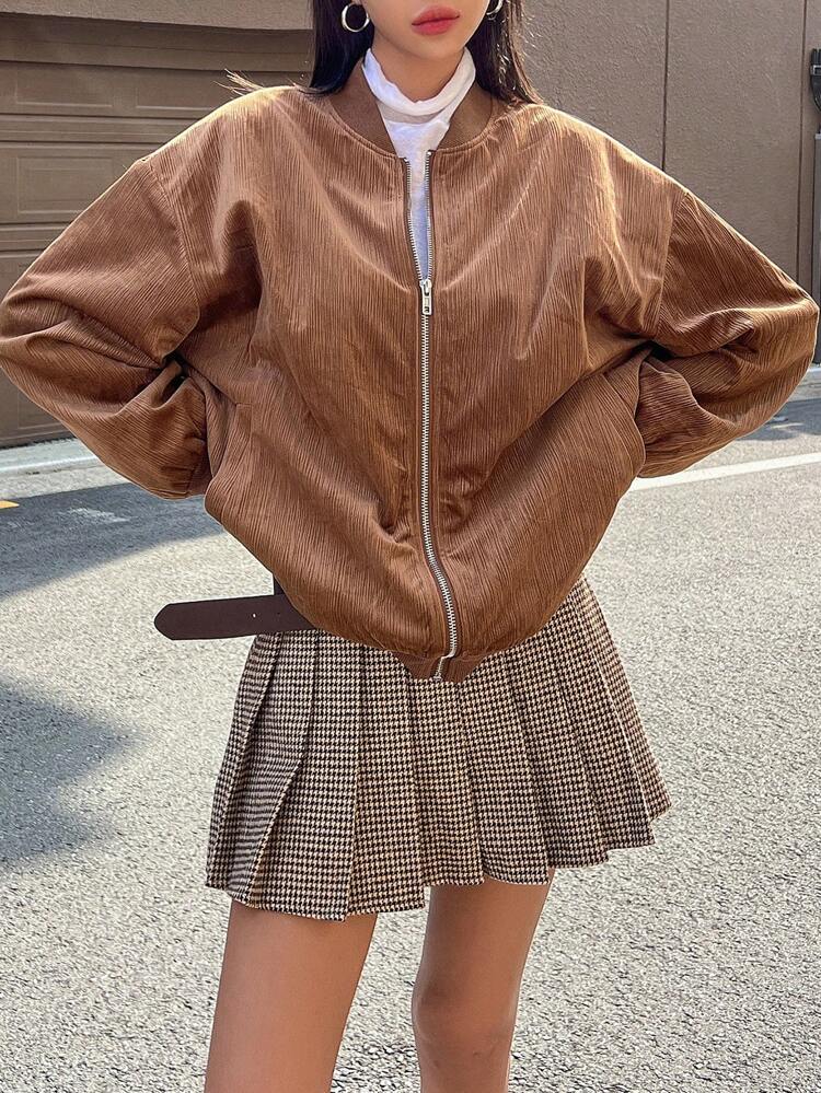 Zip Up Drop Shoulder Bomber Jacket,Fall Clothes