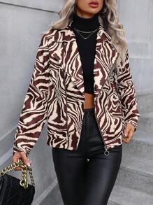 SHEIN LUNE 斑馬紋拉鏈開襟夾克 - 彩色 - 查看 1