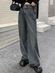 Dazy Star 高腰闊腿牛仔褲 - 中等水洗藍 - 查看 3