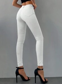 SHEIN Cottnline Jeans ajustados unicolor con cremallera - Beis - Ver 2