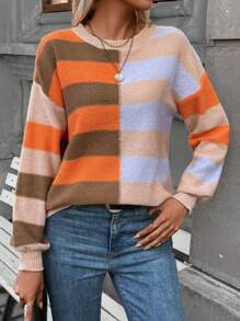 SHEIN LUNE Sọc Khối màu Thả vai Áo len - Nhiều màu - Xem 1