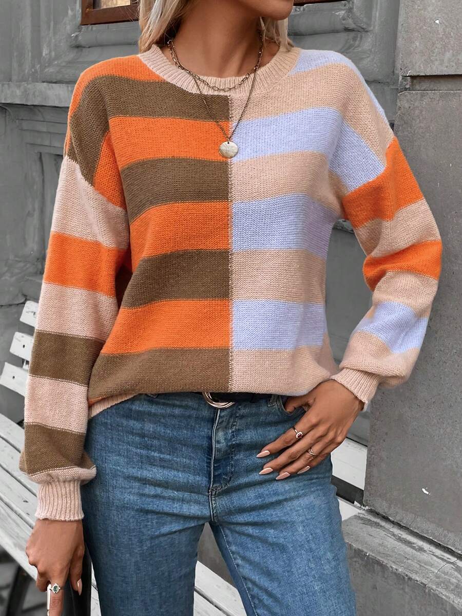 SHEIN LUNE Sọc Khối màu Thả vai Áo len - Nhiều màu - Xem 1