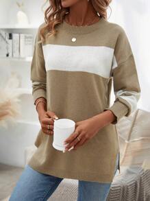 SHEIN LUNE Áo len chui đầu phối màu vai rớt, thích hợp cho mùa thu đông. - Màu Khaki - Xem 4