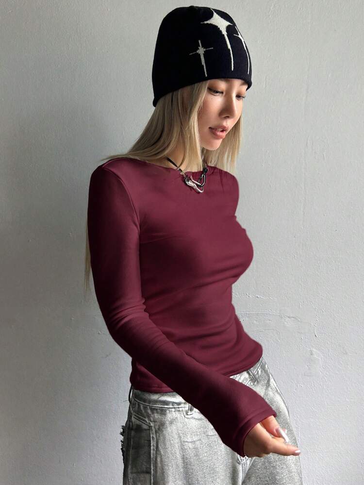 Solid Round Neck Thermal Tee Long Sleeve Women Tops,Thermal Lined Fall,Winter