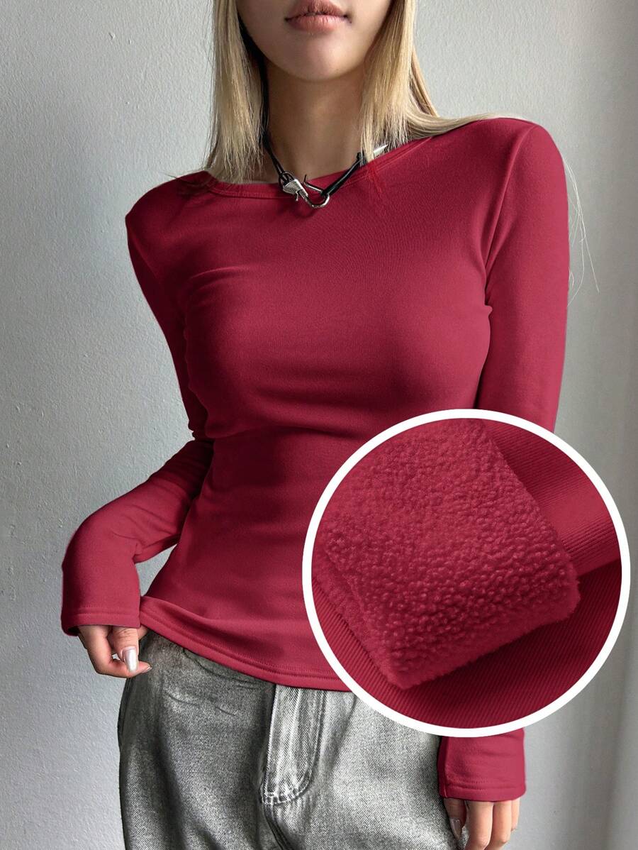 DAZY Solid Round Neck Thermal Tee Long Sleeve Women Tops,Thermal Lined - Redwood - View 1