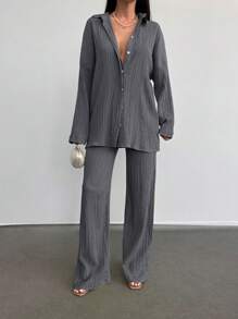 SHEIN Cottnline 2pcs/set Solid Color Textured Fabric Shirt And Pants Suit - Dark Grey - View 3