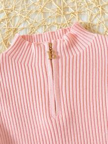 SHEIN 女小童小高領前拉鍊條紋針織套頭毛衣 - 粉色 - 查看 3