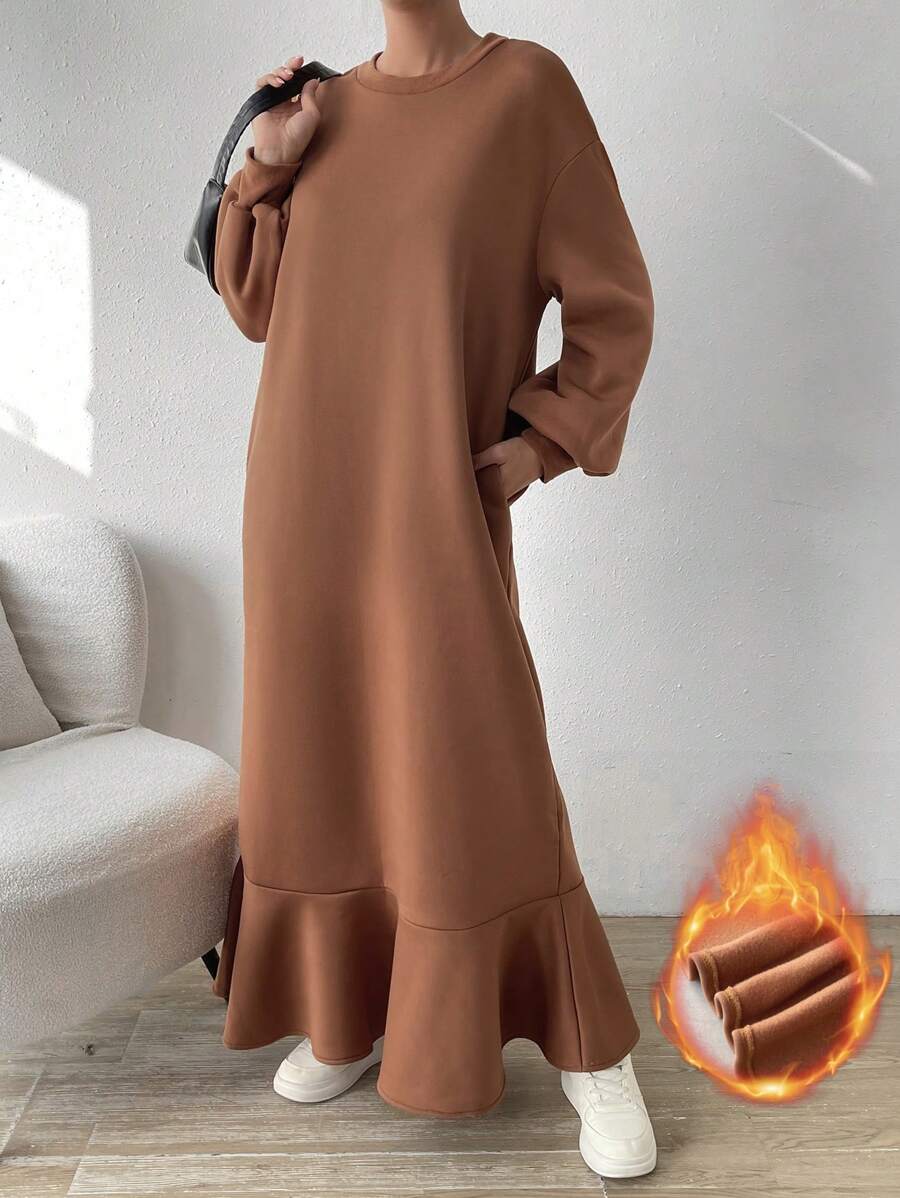 SHEIN Essnce Chất rắn Xù Hoa Sen Lót nhiệt Đầm nỉ - màu nâu - Xem 1