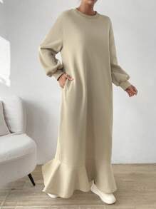 SHEIN ChicEase Slant Pocket Drop Shoulder Ruffle Hem Dress Maxi Women Outfit - Khaki - View 5