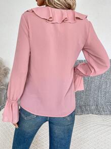 SHEIN Privé 荷葉邊荷葉袖襯衫 - 粉色 - 查看 2