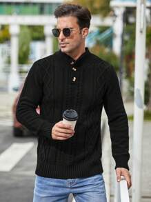 Manfinity Homme Hombres Jersey tejido de cable botón cuarto - Negro - Ver 4