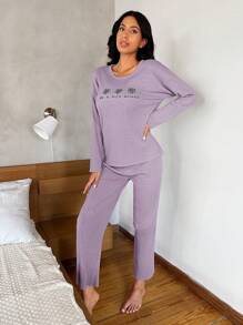 EURMUSE 字母印花罗纹针织休闲服套装 - 紫色 - 查看 5