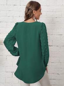 SHEIN LUNE 圓點燈籠袖高低下擺襯衫 - 墨綠色 - 查看 2