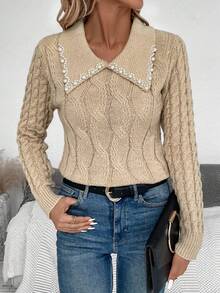 SHEIN Essnce Pearls Beaded Collar Cable Knit Sweater - Camel - View 3