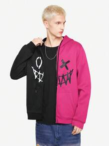 ROMWE MEN Street Life Men Two Tone Cartoon Graphic Drawstring Hoodie - Multicolor - View 6