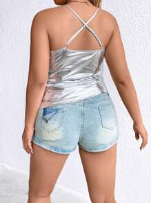 SHEIN BAE Talla grande Top de tirantes fruncido lateral de color metálico - Plateado - Ver 2