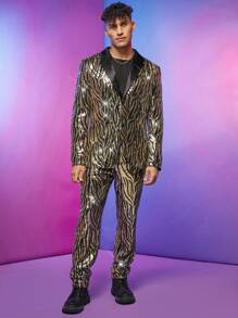 FeverCity Men Zebra Striped Single Breasted Sequin Blazer & Pants Set - Multicolor - View 4