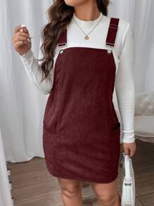 SHEIN CURVE+ Plus Solid Overall Dress Without Tee - Burgundy - View 4