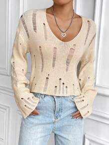Flirla Solid Ripped Drop Shoulder Knit Pullover Fall Winter Sweater - Apricot - View 7