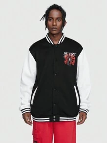 ROMWE MEN Goth 男士字母&蜘蛛印花雙色條紋飾邊學院風夾克 - 黑色 - 查看 2