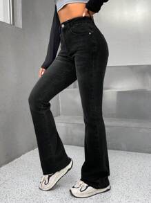 SHEIN PETITE 斜口袋牛仔喇叭褲