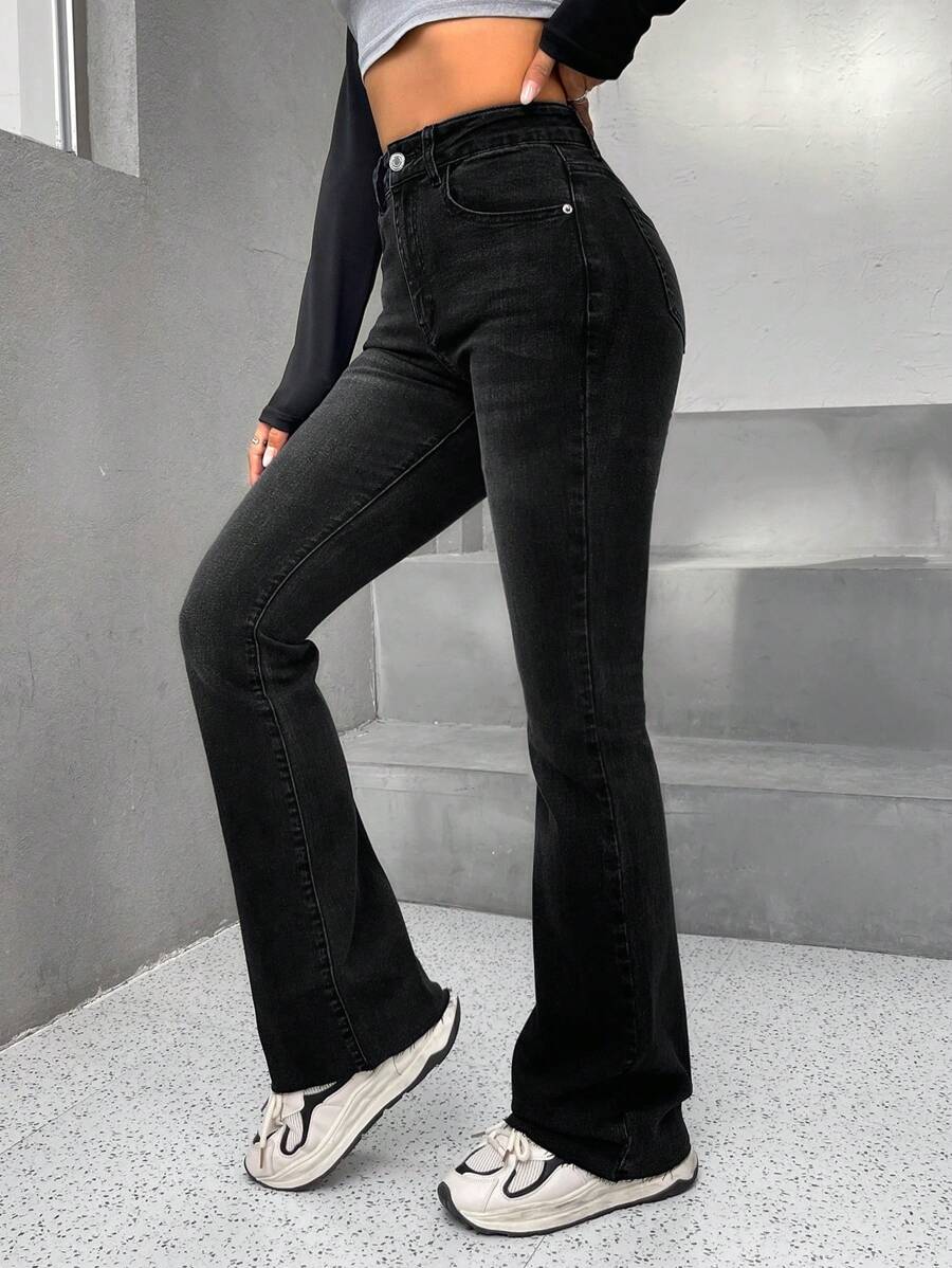 SHEIN PETITE 斜口袋牛仔喇叭褲